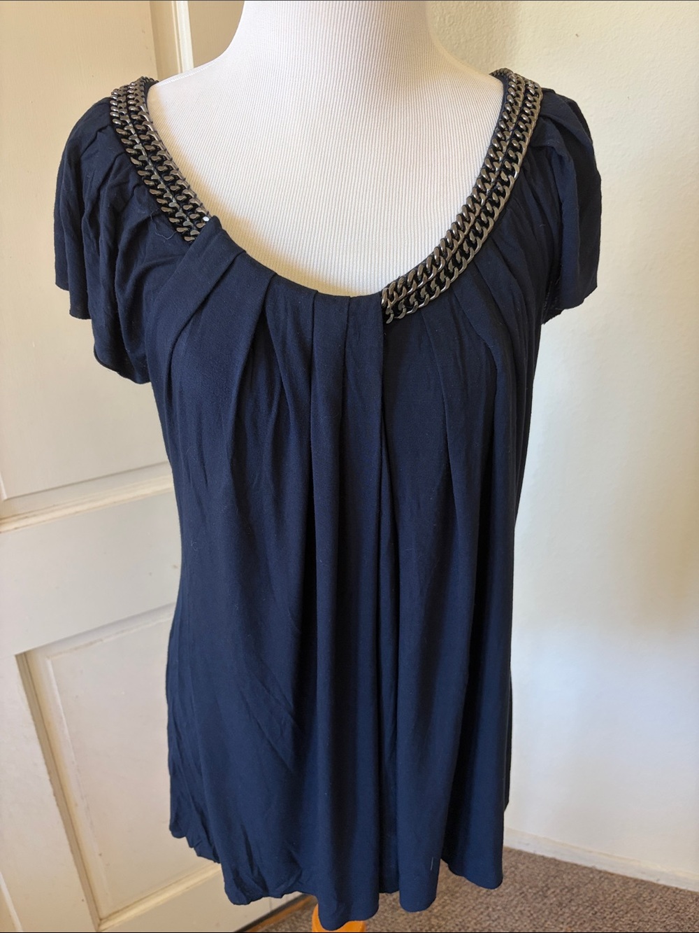 Bailey 44 Navy Chain-Trim Pleated Scoop Neck Top